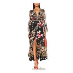 Camilla Ruffle Sleeves Black Silk Maxi Dress Size XL